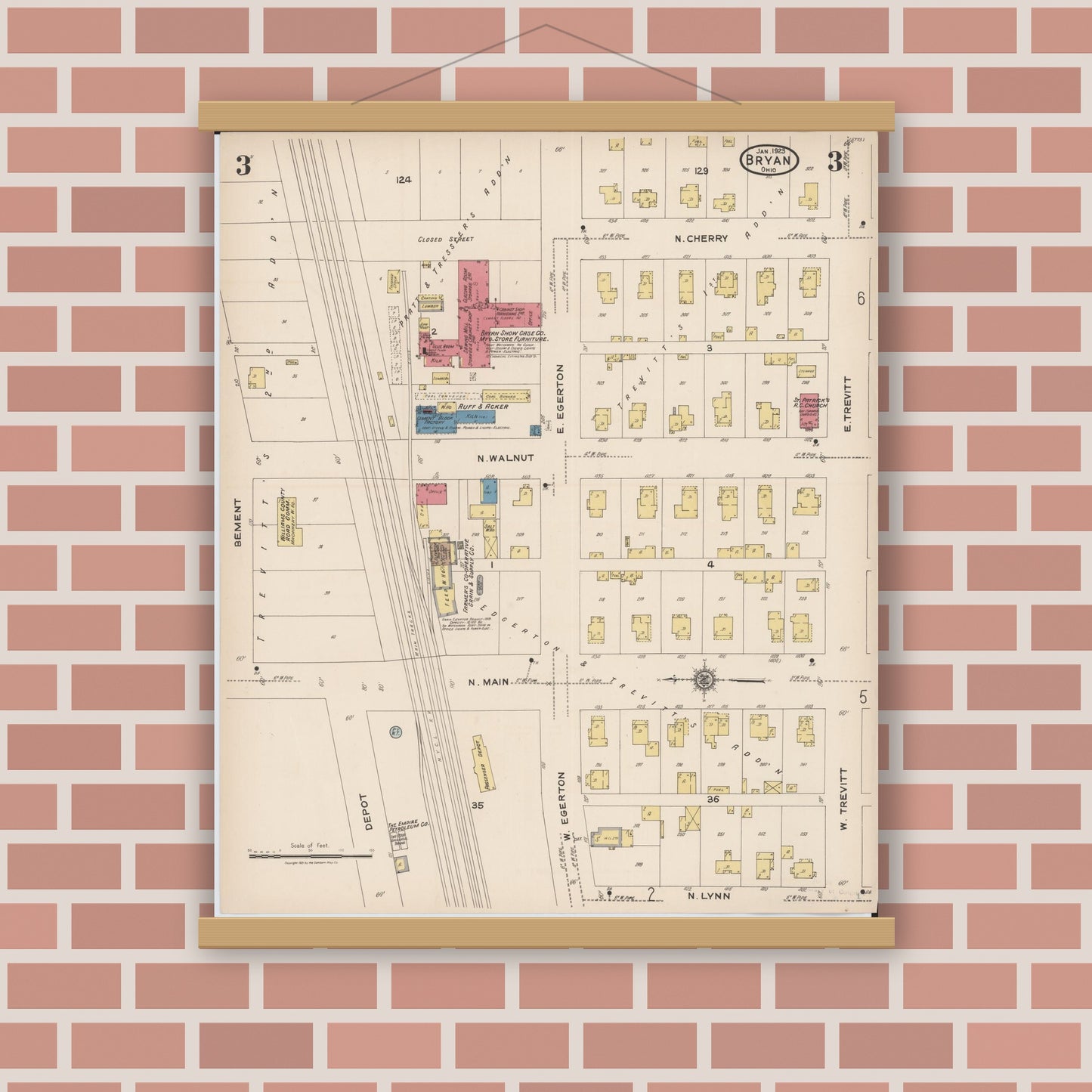 Old map wall art mockup — magnetic wood frame on brick wall — Sanborn Fire Insurance Map from Bryan, Williams County, Ohio (1923), Sheet #0003