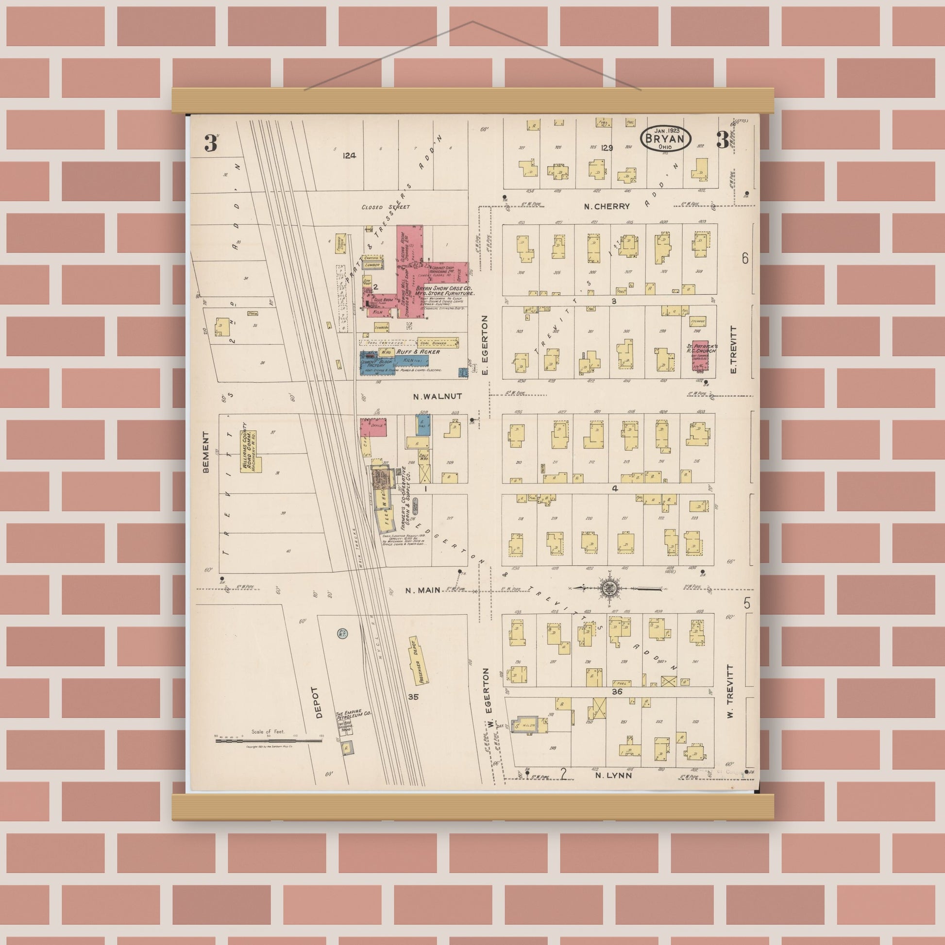 Old map wall art mockup — magnetic wood frame on brick wall — Sanborn Fire Insurance Map from Bryan, Williams County, Ohio (1923), Sheet #0003