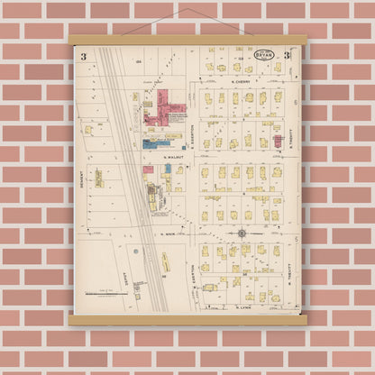 Old map wall art mockup — magnetic wood frame on brick wall — Sanborn Fire Insurance Map from Bryan, Williams County, Ohio (1923), Sheet #0003