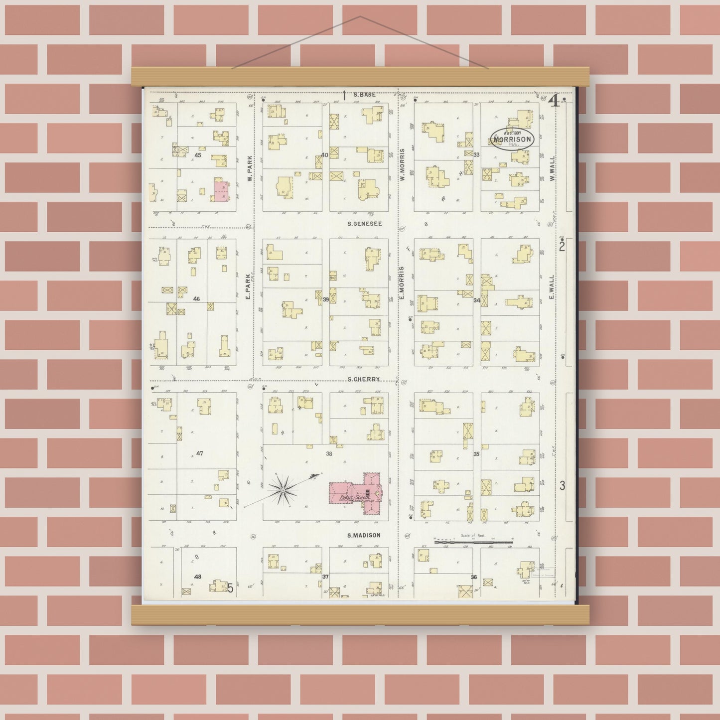 Old map wall art mockup — magnetic wood frame on brick wall — Sanborn Fire Insurance Map from Morrison, Whiteside County, Illinois (1897), Sheet #0004
