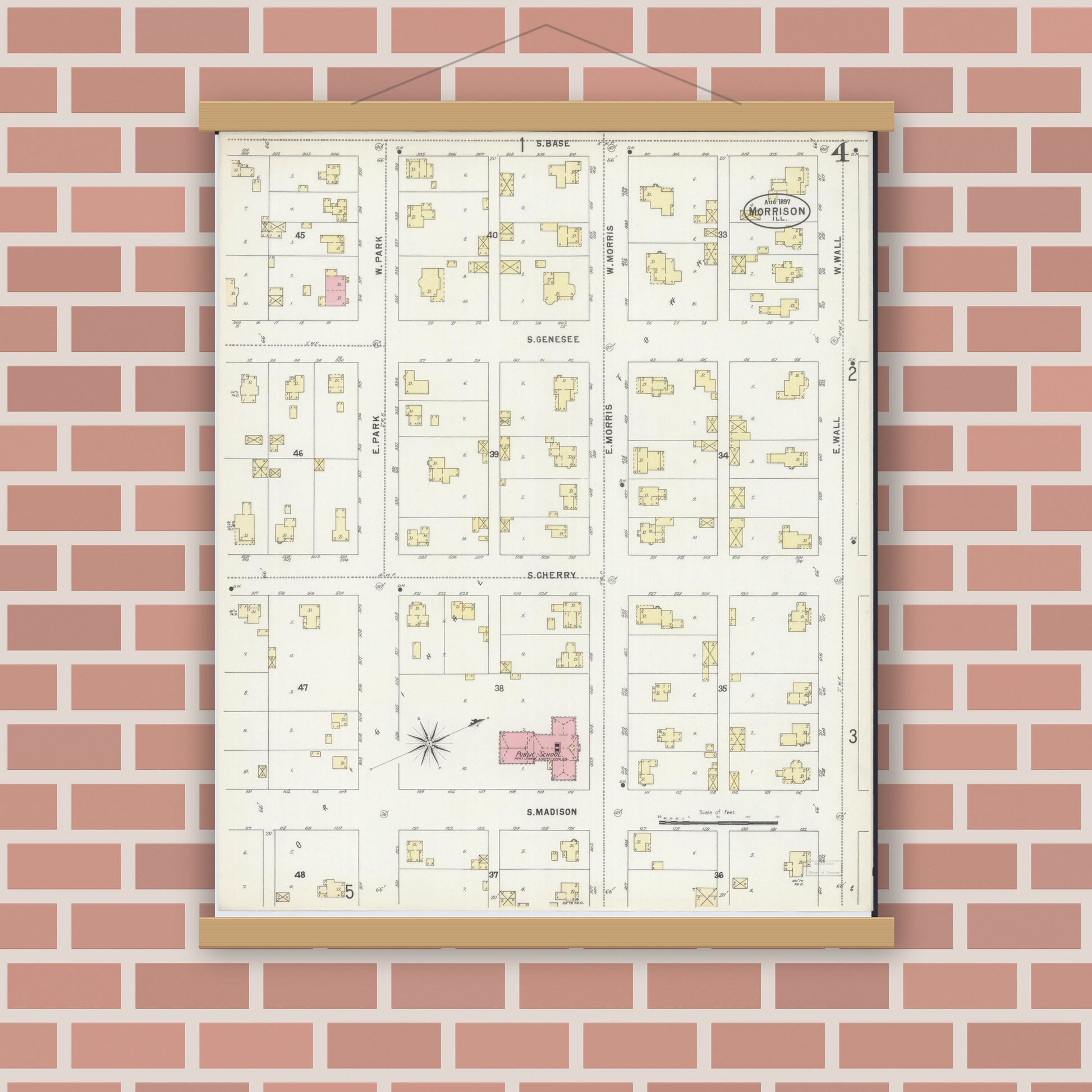 Old map wall art mockup — magnetic wood frame on brick wall — Sanborn Fire Insurance Map from Morrison, Whiteside County, Illinois (1897), Sheet #0004