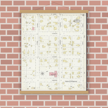 Old map wall art mockup — magnetic wood frame on brick wall — Sanborn Fire Insurance Map from Morrison, Whiteside County, Illinois (1897), Sheet #0004