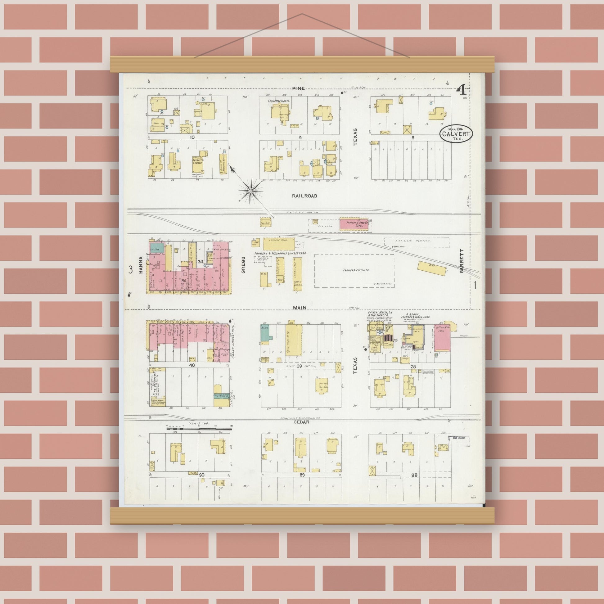 Old map wall art mockup — magnetic wood frame on brick wall — Sanborn Fire Insurance Map from Calvert, Robertson County, Texas (1906), Sheet #0004
