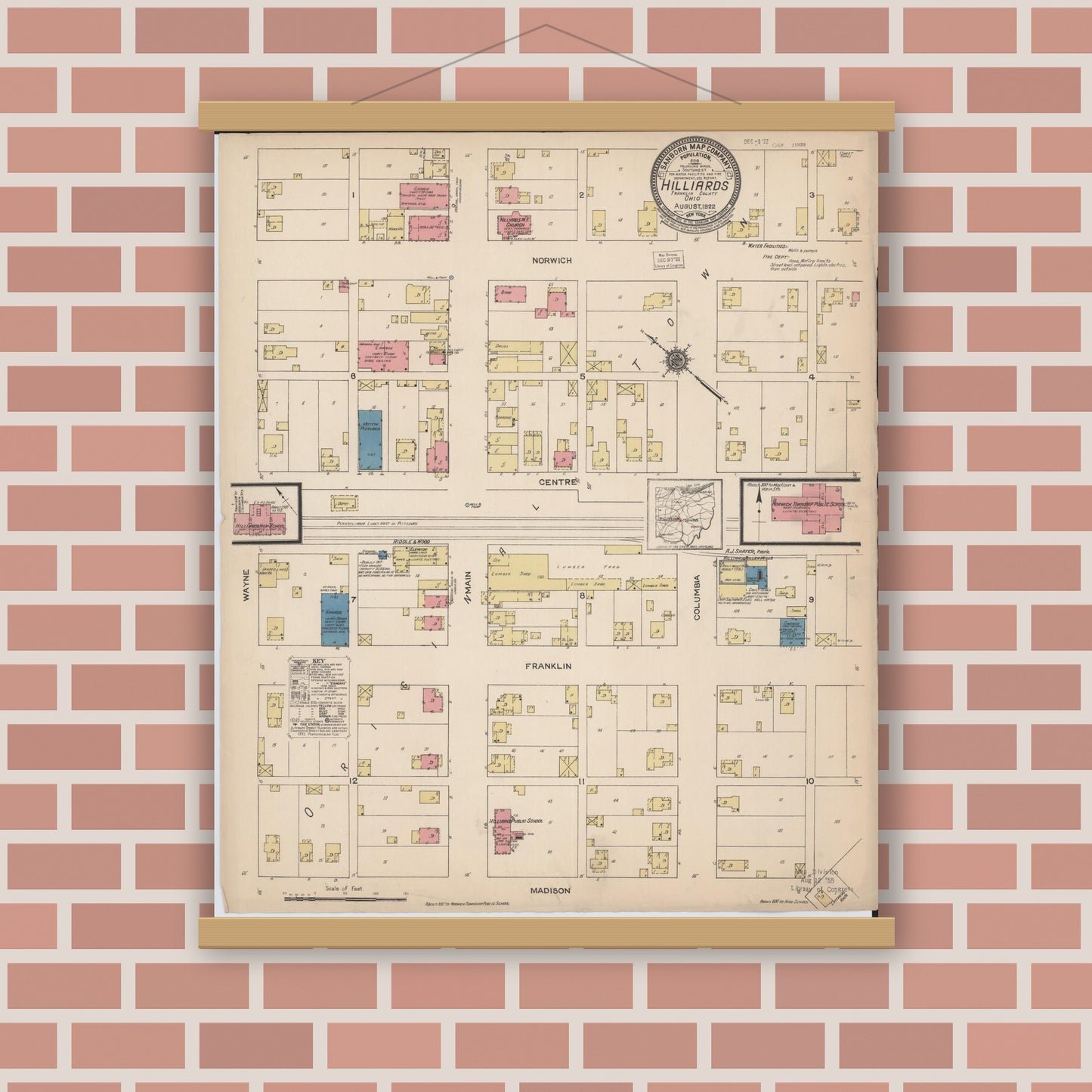 Old map wall art mockup — magnetic wood frame on brick wall — Sanborn Fire Insurance Map from Hilliards, Franklin County, Ohio (1922), Sheet #0001
