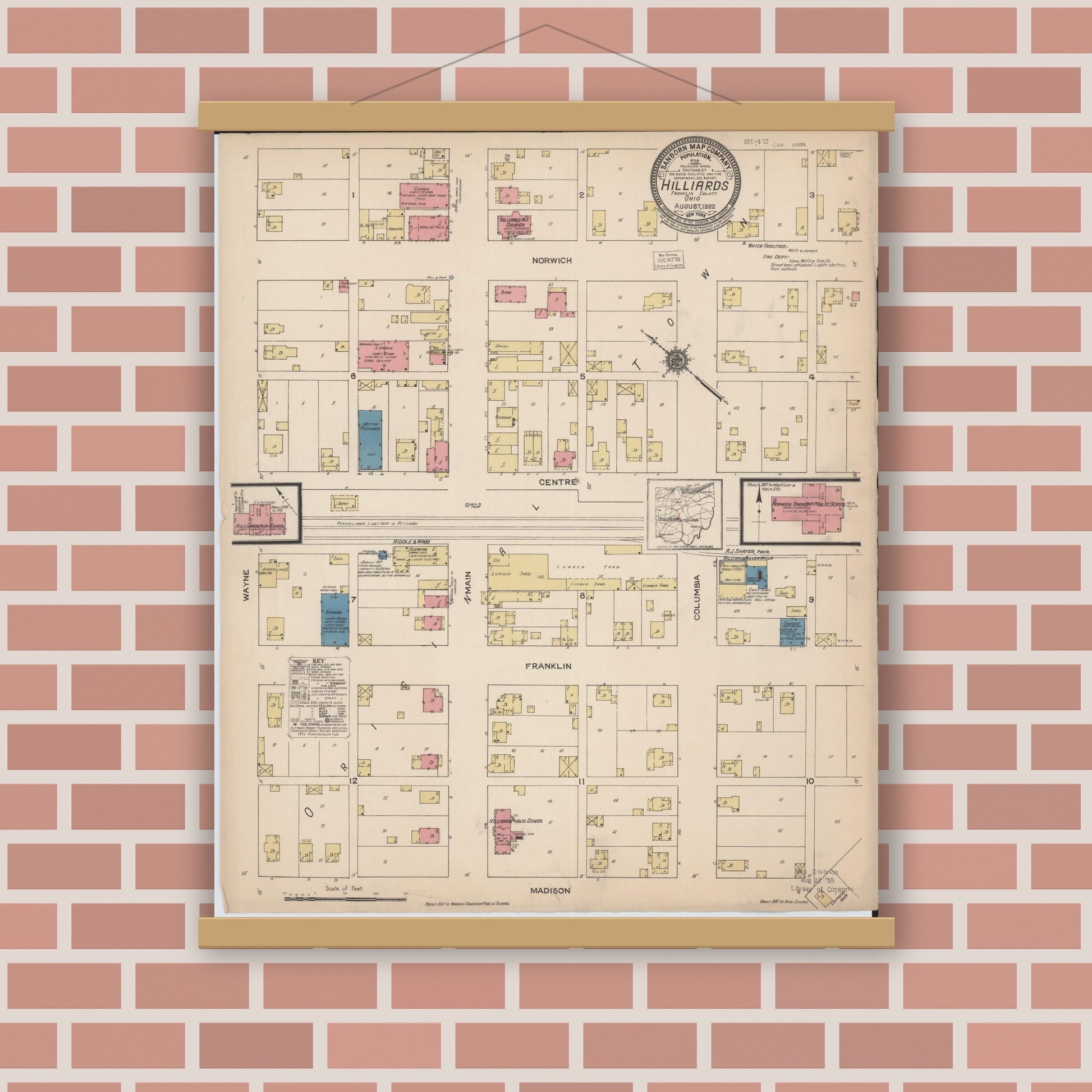 Old map wall art mockup — magnetic wood frame on brick wall — Sanborn Fire Insurance Map from Hilliards, Franklin County, Ohio (1922), Sheet #0001