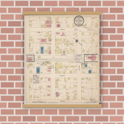 Old map wall art mockup — magnetic wood frame on brick wall — Sanborn Fire Insurance Map from Hilliards, Franklin County, Ohio (1922), Sheet #0001