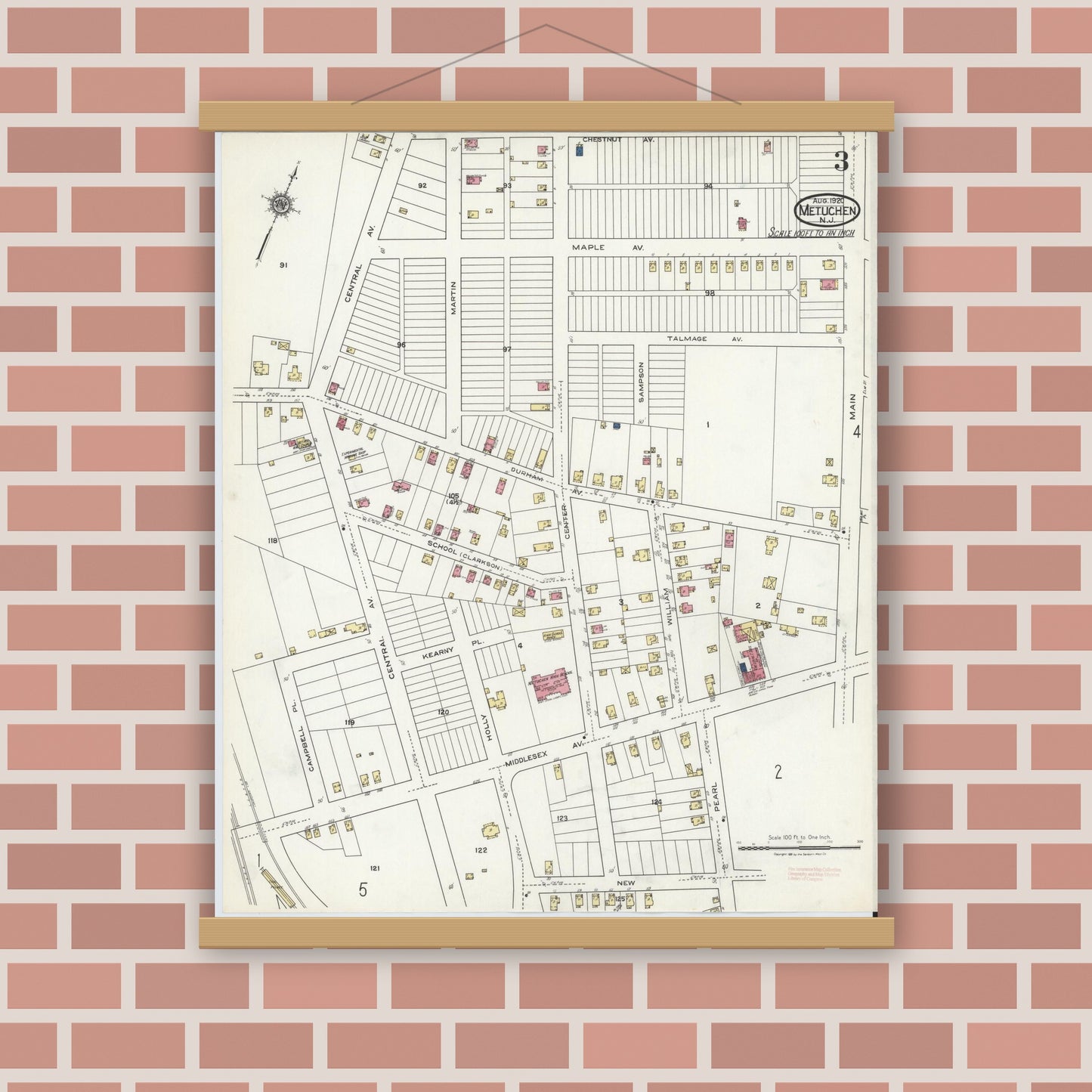 Old map wall art mockup — magnetic wood frame on brick wall — Sanborn Fire Insurance Map from Metuchen, Middlesex County, New Jersey (1920), Sheet #0003