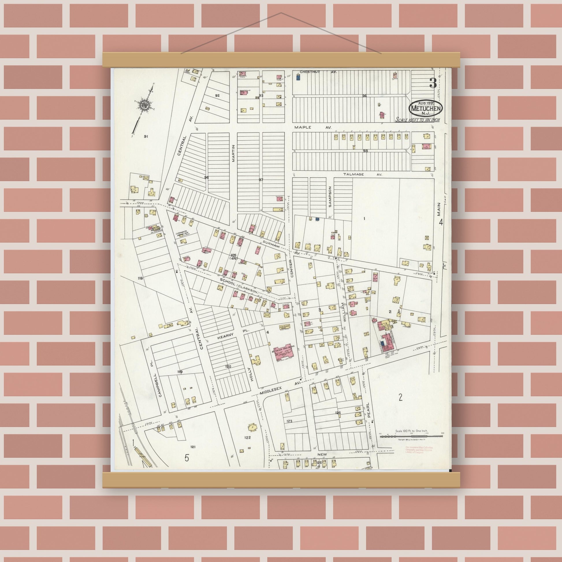 Old map wall art mockup — magnetic wood frame on brick wall — Sanborn Fire Insurance Map from Metuchen, Middlesex County, New Jersey (1920), Sheet #0003