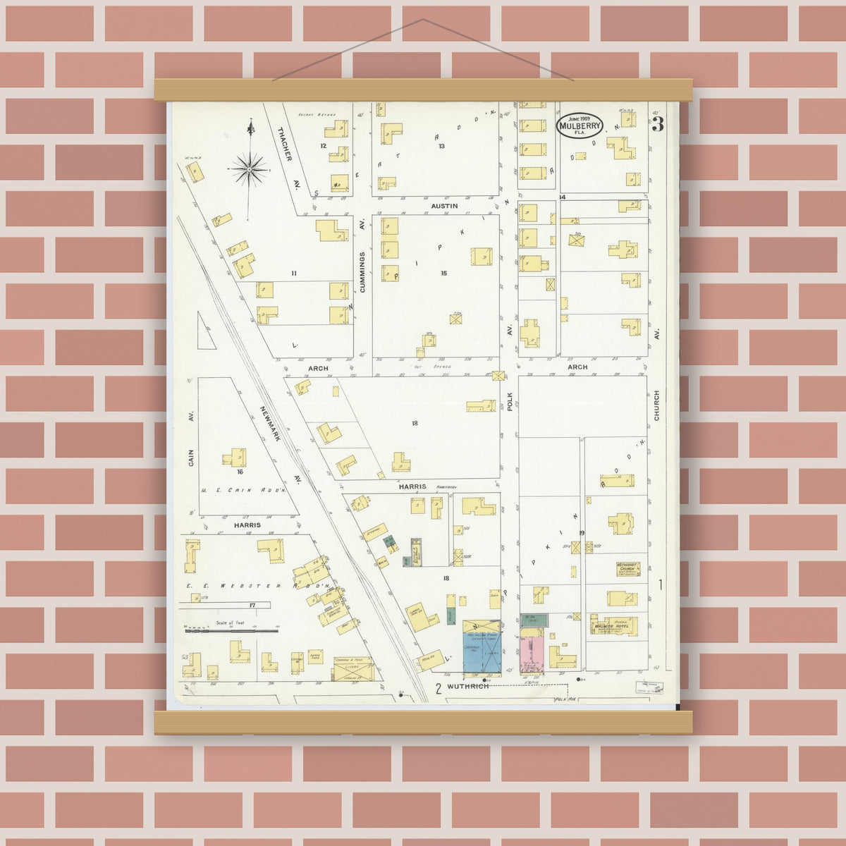Old map wall art mockup — magnetic wood frame on brick wall — Sanborn Fire Insurance Map from Mulberry, Polk County, Florida (1909), Sheet #0003