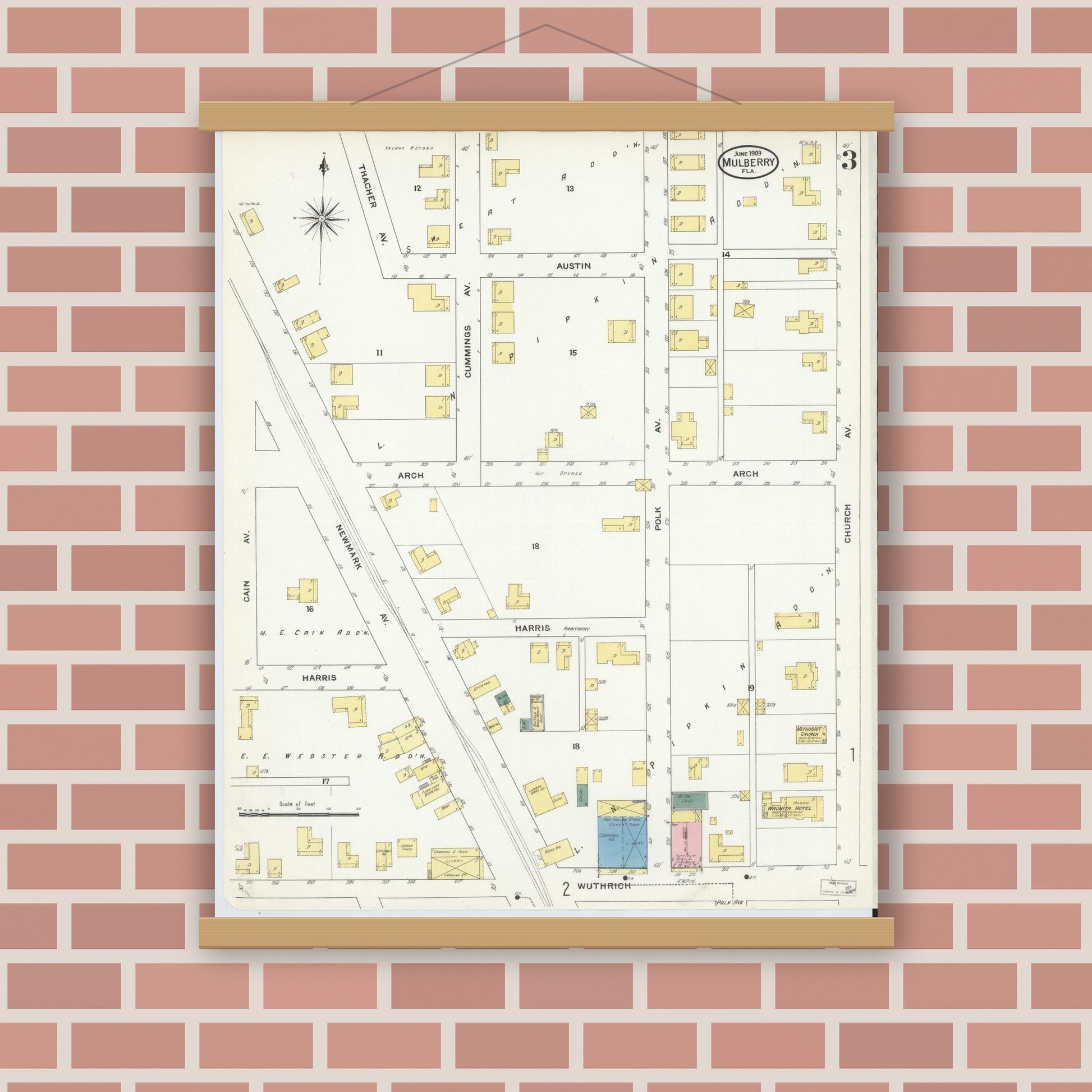 Old map wall art mockup — magnetic wood frame on brick wall — Sanborn Fire Insurance Map from Mulberry, Polk County, Florida (1909), Sheet #0003