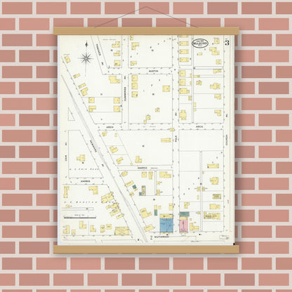 Old map wall art mockup — magnetic wood frame on brick wall — Sanborn Fire Insurance Map from Mulberry, Polk County, Florida (1909), Sheet #0003
