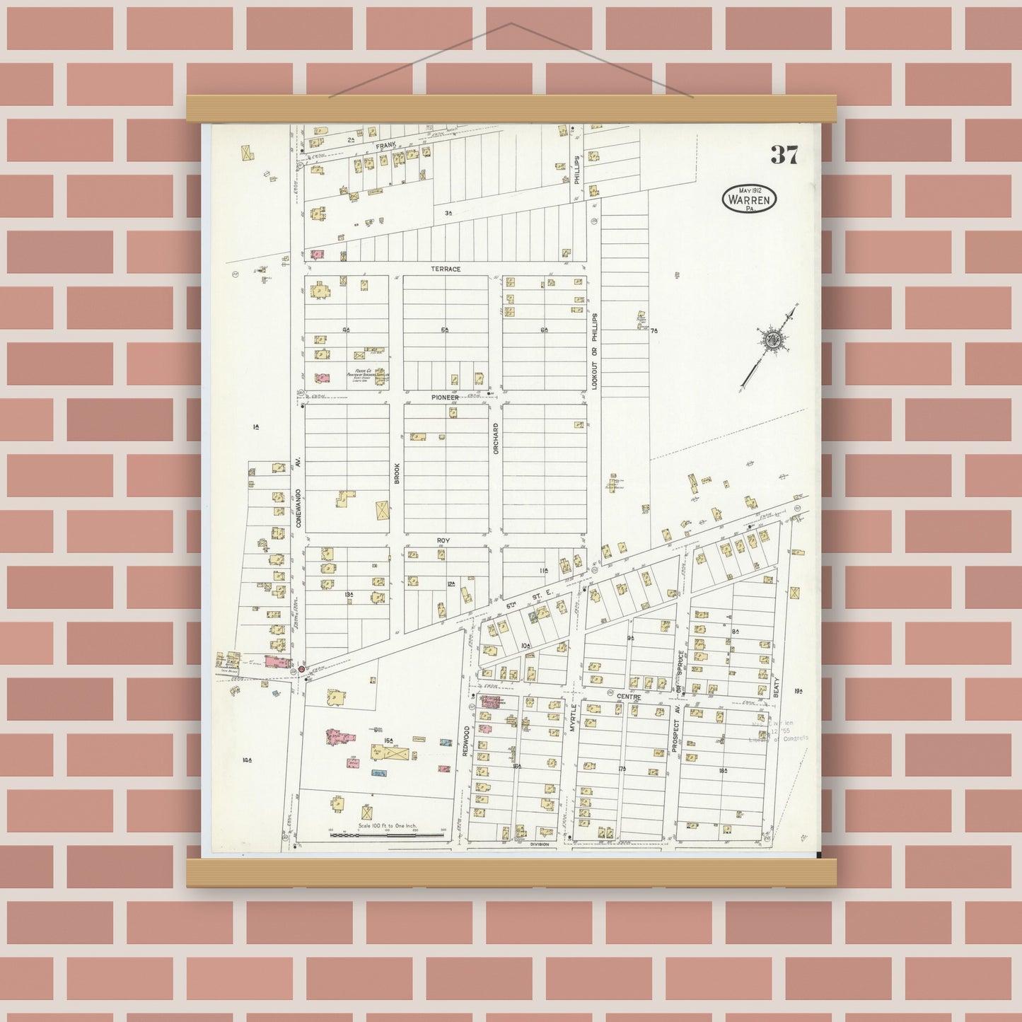 Old map wall art mockup — magnetic wood frame on brick wall — Sanborn Fire Insurance Map from Warren, Warren County, Pennsylvania (1912), Sheet #0037