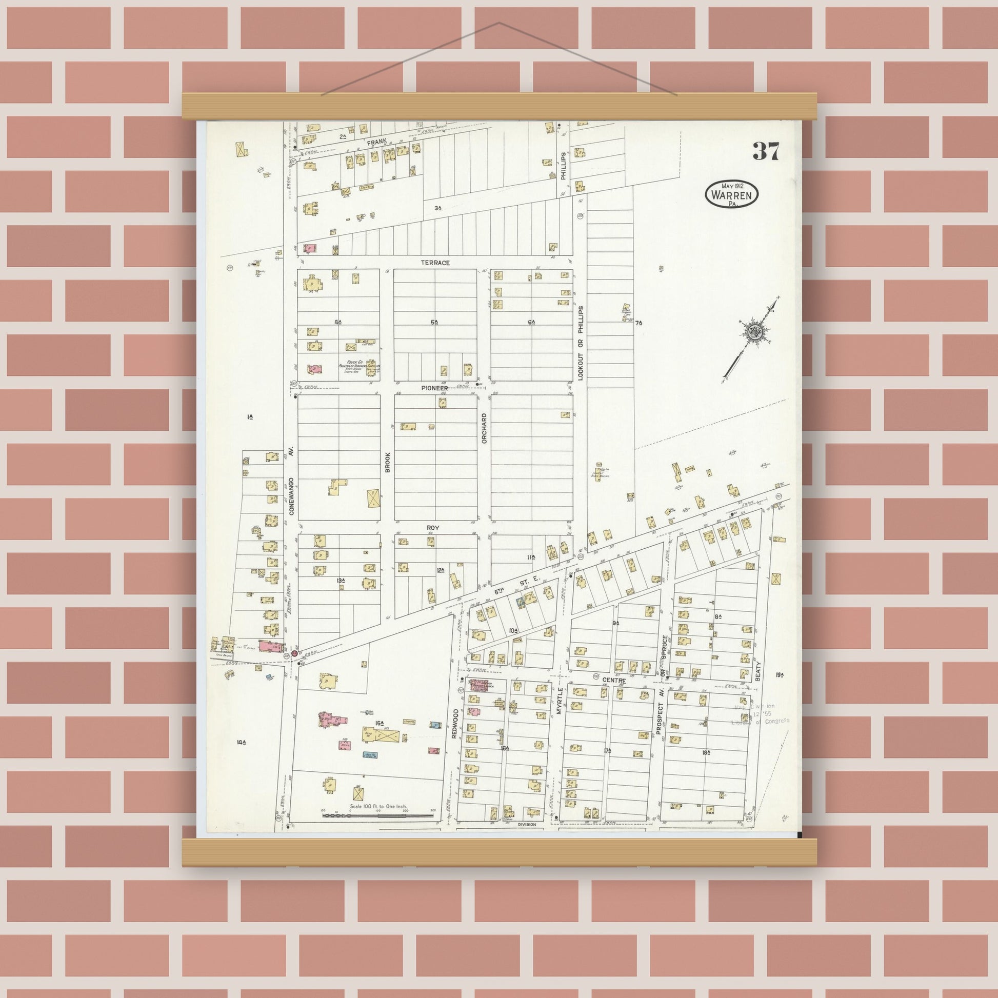 Old map wall art mockup — magnetic wood frame on brick wall — Sanborn Fire Insurance Map from Warren, Warren County, Pennsylvania (1912), Sheet #0037
