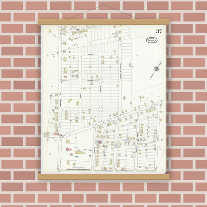 Old map wall art mockup — magnetic wood frame on brick wall — Sanborn Fire Insurance Map from Warren, Warren County, Pennsylvania (1912), Sheet #0037