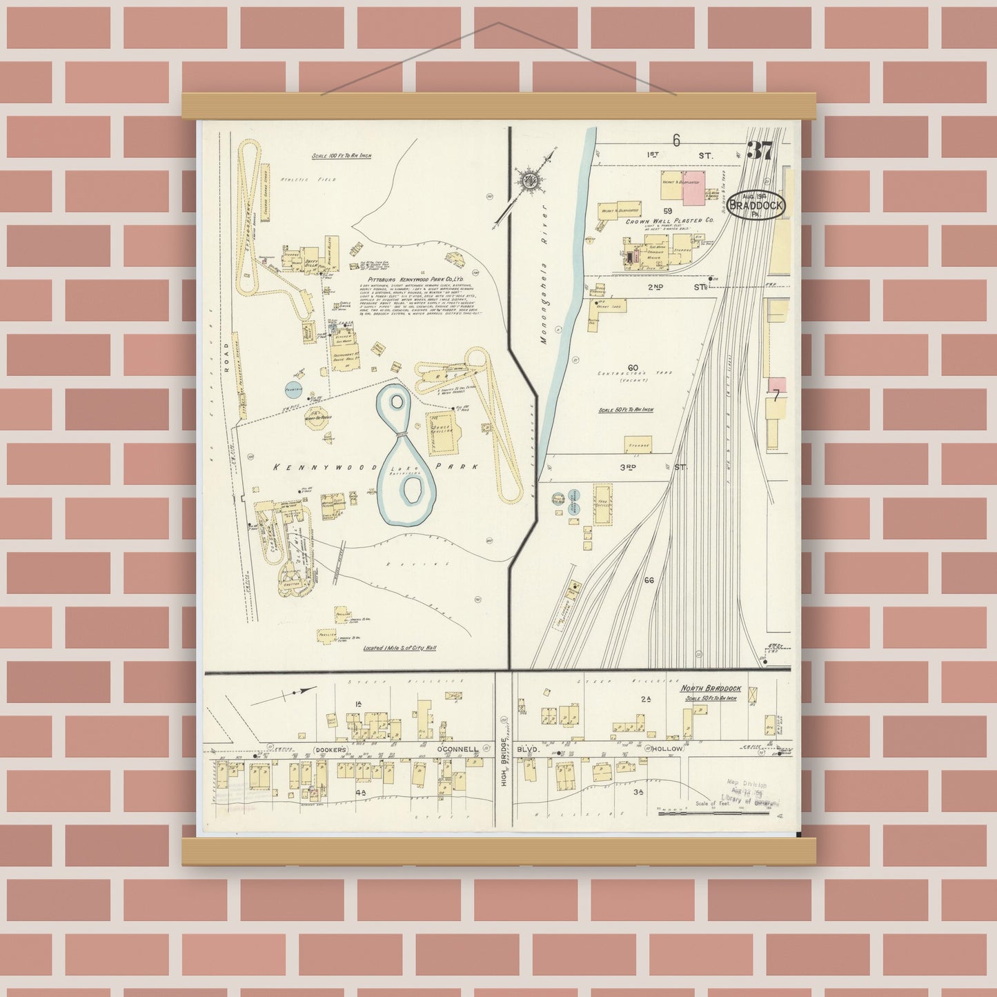 Old map wall art mockup — magnetic wood frame on brick wall — Sanborn Fire Insurance Map from Braddock, Allegheny County, Pennsylvania (1914), Sheet #0037