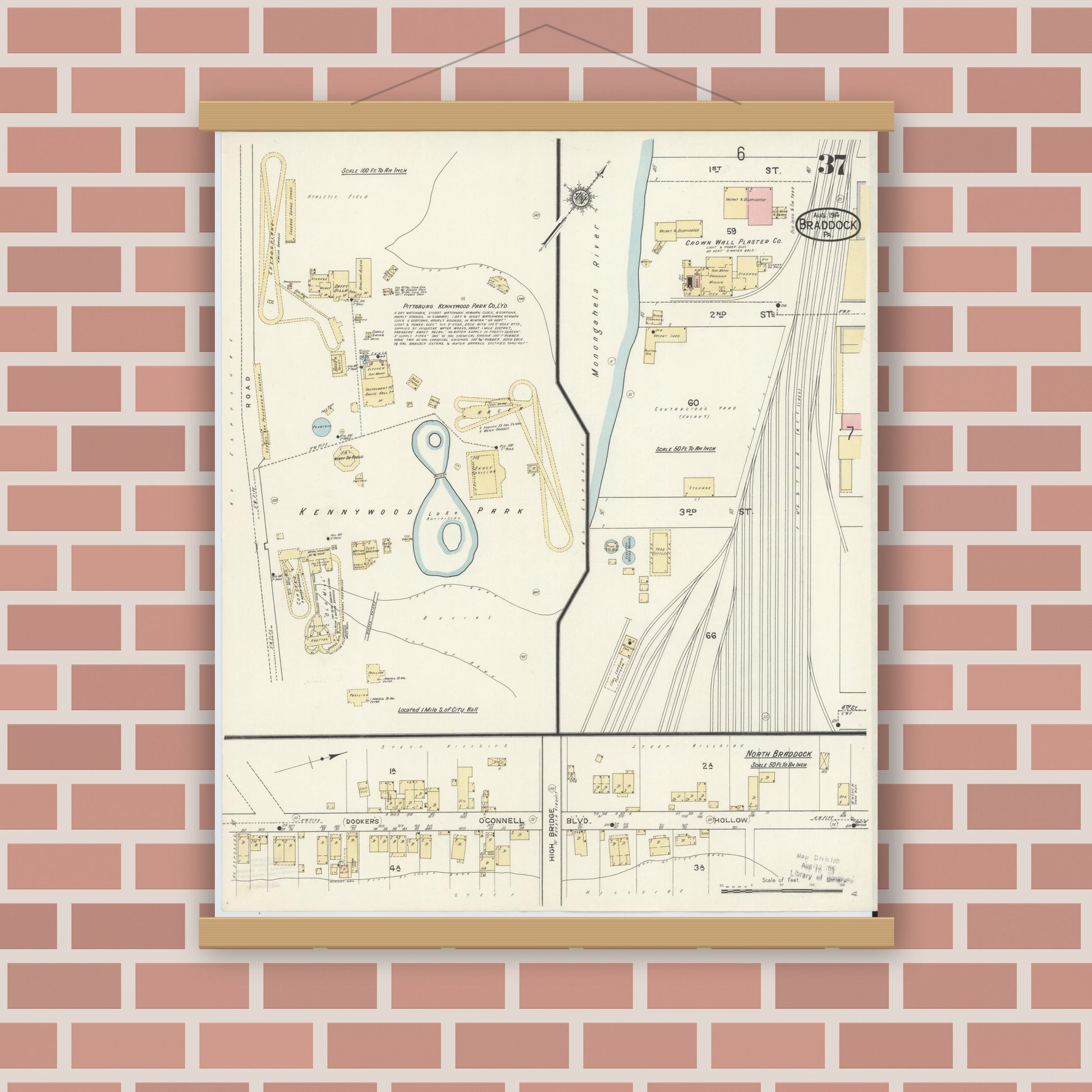 Old map wall art mockup — magnetic wood frame on brick wall — Sanborn Fire Insurance Map from Braddock, Allegheny County, Pennsylvania (1914), Sheet #0037