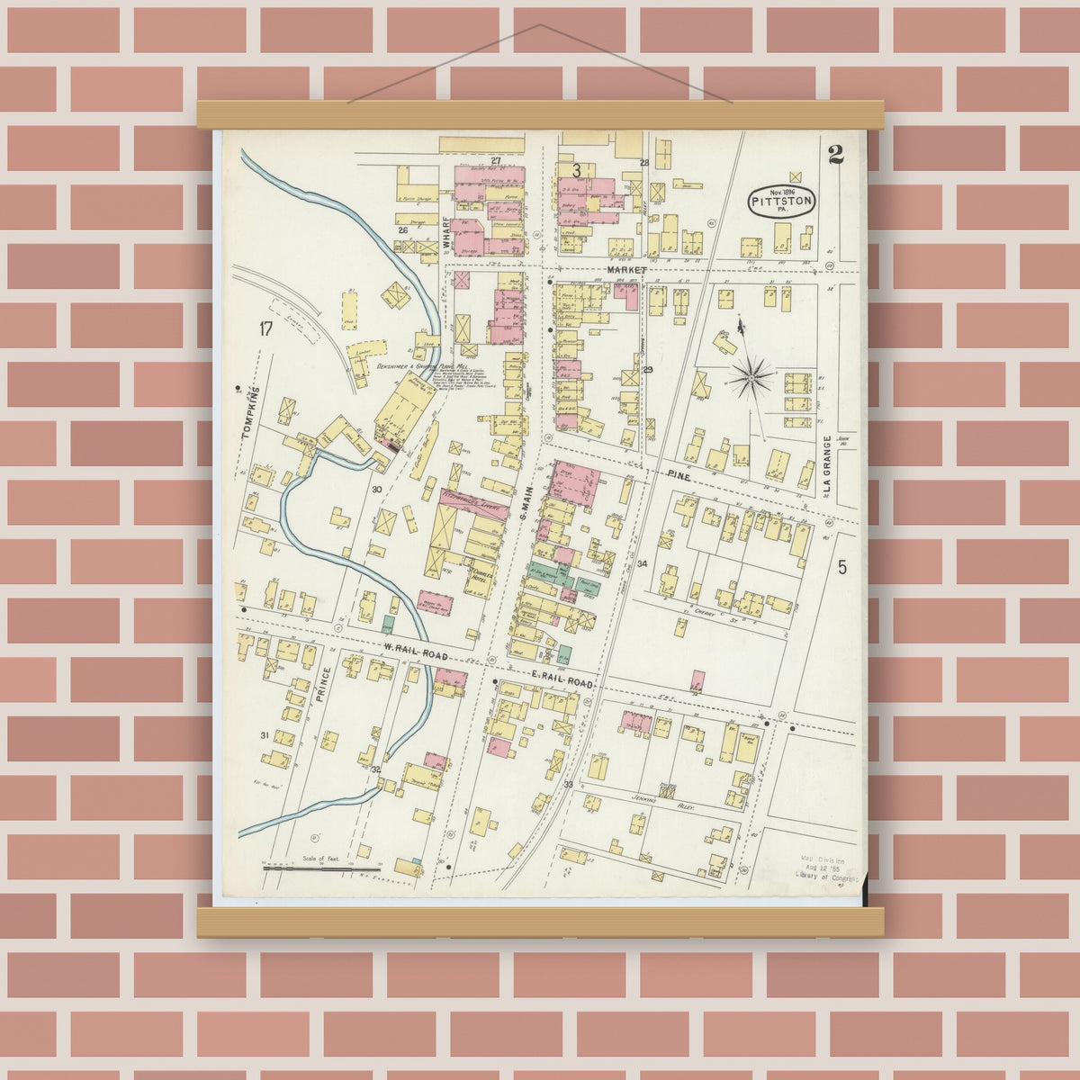 Old map wall art mockup — magnetic wood frame on brick wall — Sanborn Fire Insurance Map from Pittston, Luzerne County, Pennsylvania (1896), Sheet #0002