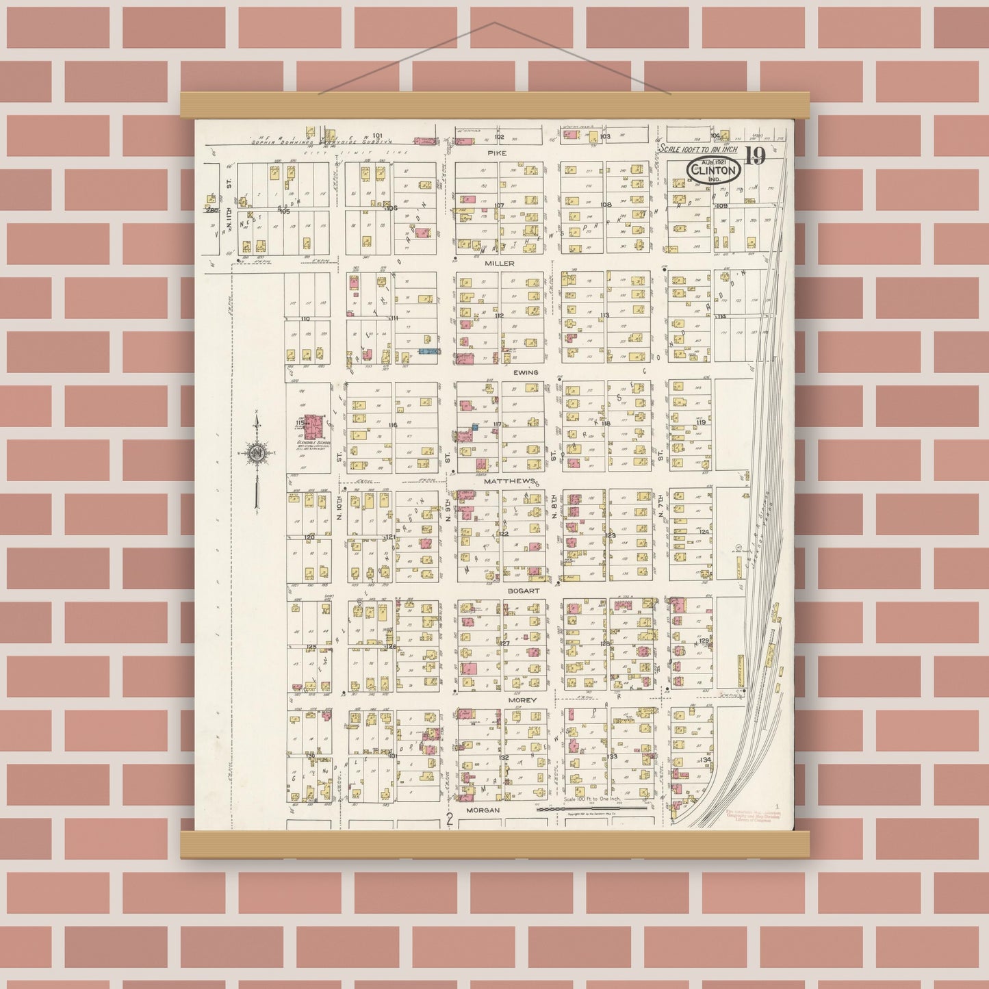 Old map wall art mockup — magnetic wood frame on brick wall — Sanborn Fire Insurance Map from Clinton, Vermillion County, Indiana (1921), Sheet #0019