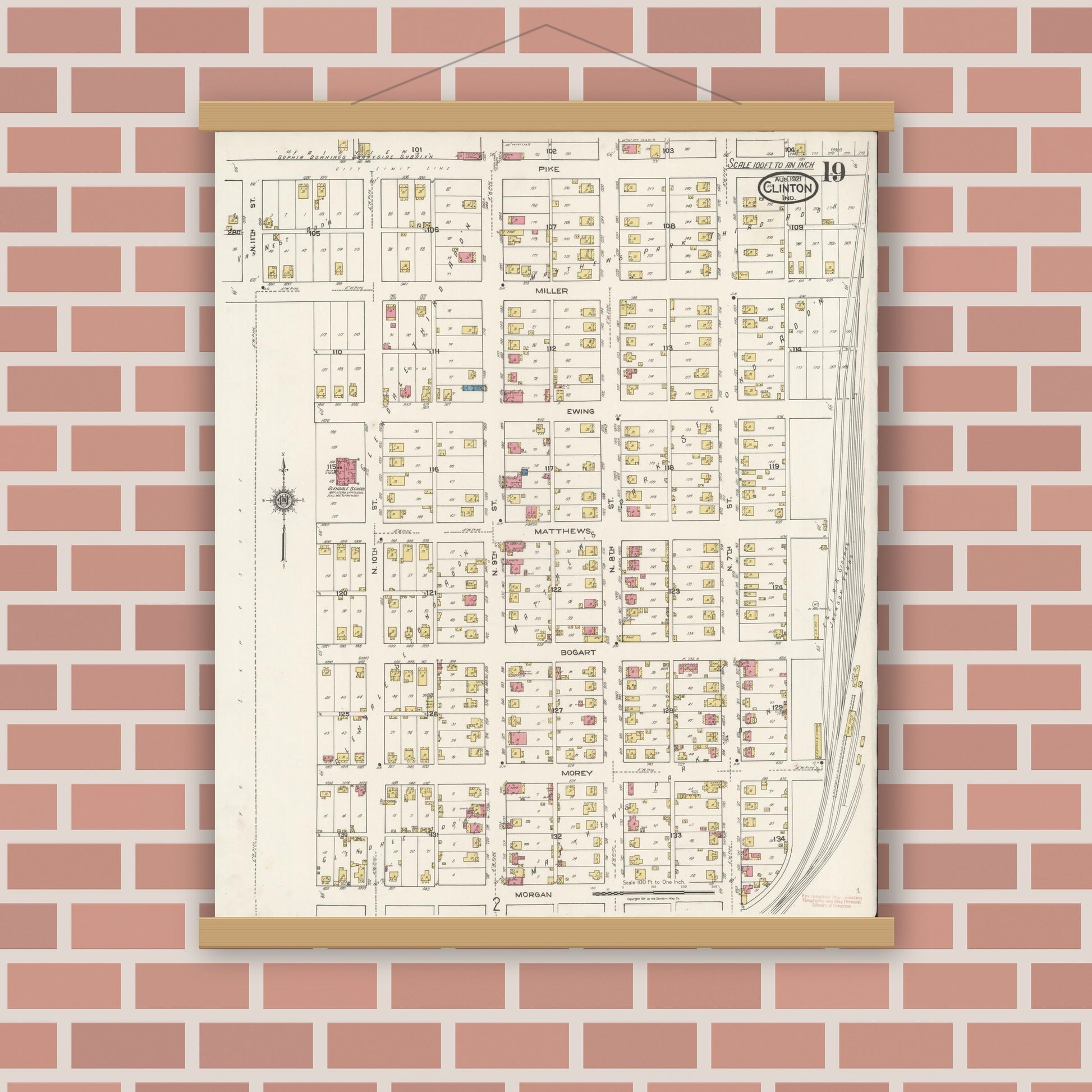 Old map wall art mockup — magnetic wood frame on brick wall — Sanborn Fire Insurance Map from Clinton, Vermillion County, Indiana (1921), Sheet #0019
