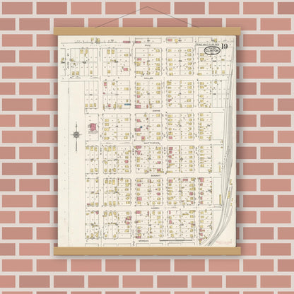 Old map wall art mockup — magnetic wood frame on brick wall — Sanborn Fire Insurance Map from Clinton, Vermillion County, Indiana (1921), Sheet #0019