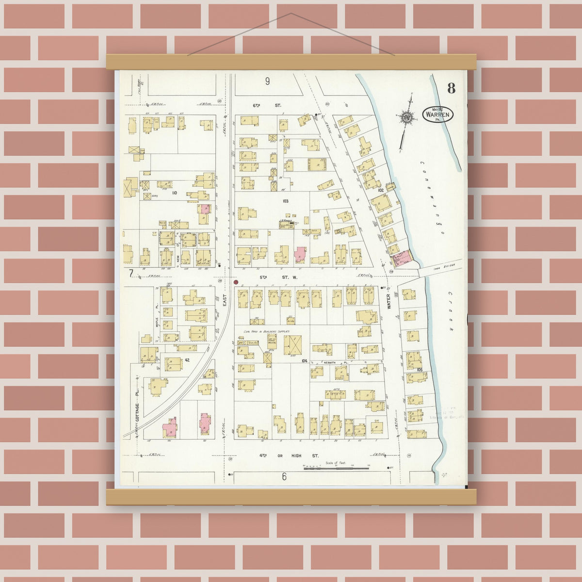 Old map wall art mockup — magnetic wood frame on brick wall — Sanborn Fire Insurance Map from Warren, Warren County, Pennsylvania (1912), Sheet #0008