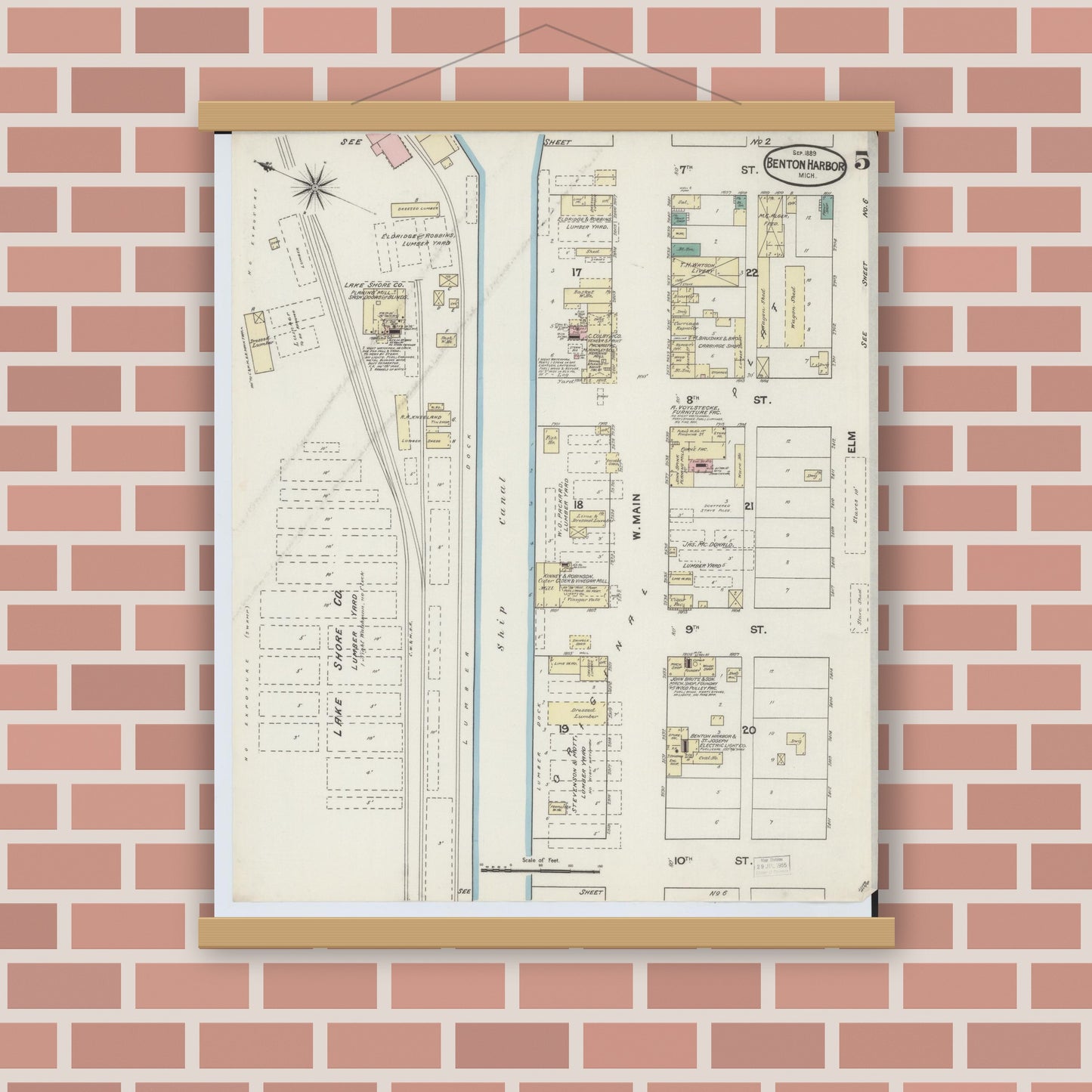 Old map wall art mockup — magnetic wood frame on brick wall — Sanborn Fire Insurance Map from Benton Harbor, Berrien County, Michigan (1889), Sheet #0005