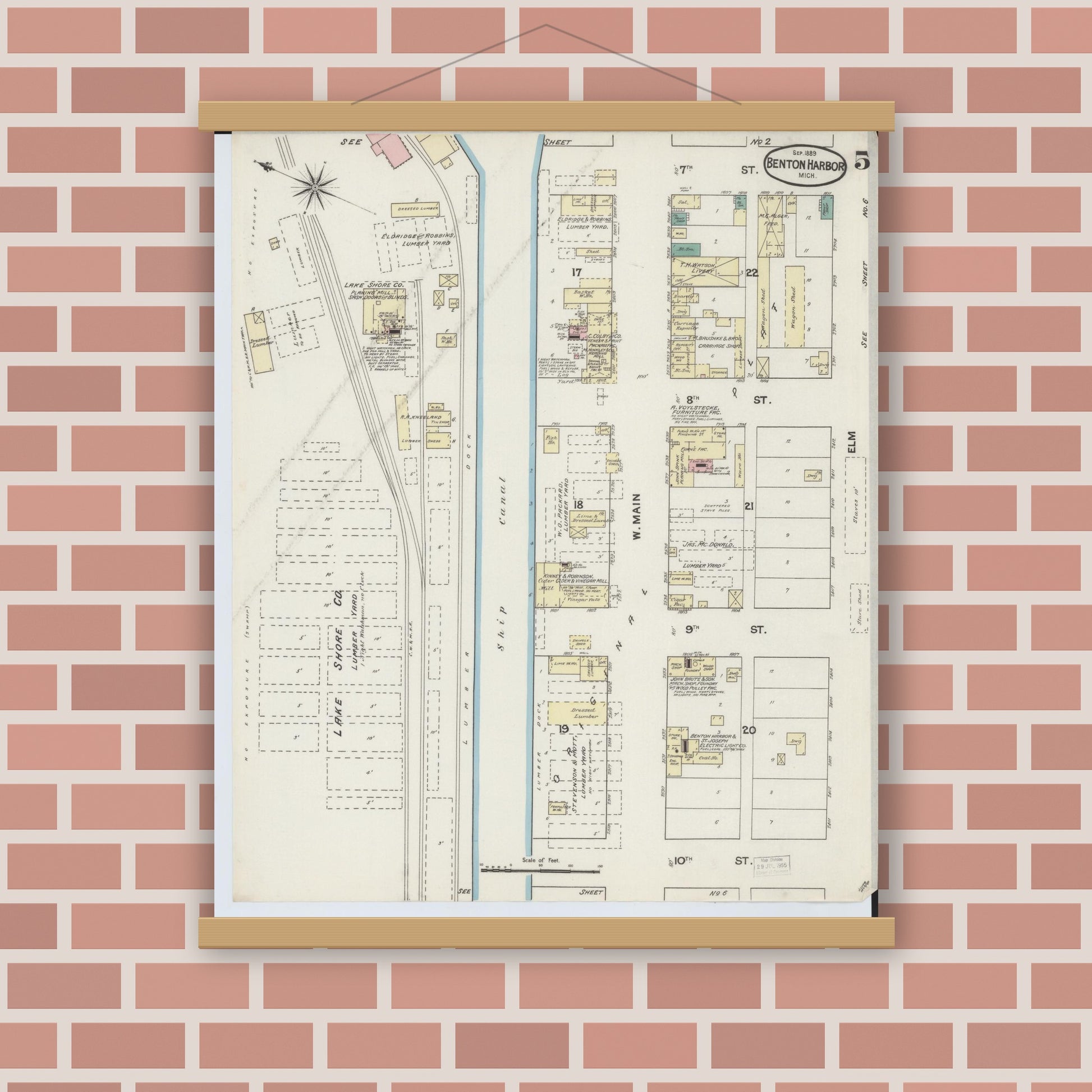 Old map wall art mockup — magnetic wood frame on brick wall — Sanborn Fire Insurance Map from Benton Harbor, Berrien County, Michigan (1889), Sheet #0005