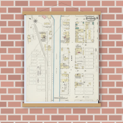 Old map wall art mockup — magnetic wood frame on brick wall — Sanborn Fire Insurance Map from Benton Harbor, Berrien County, Michigan (1889), Sheet #0005