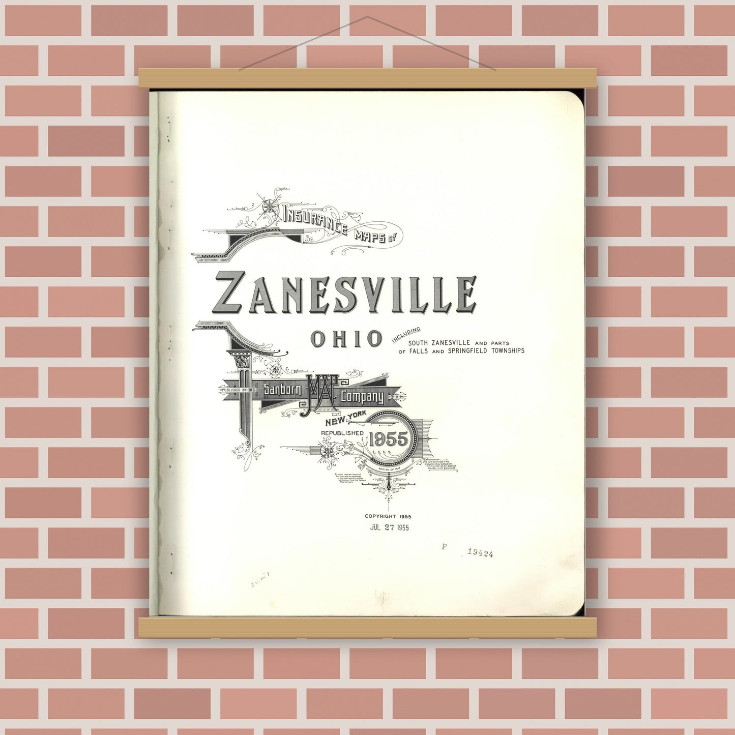 Old map wall art mockup — magnetic wood frame on brick wall — Sanborn Fire Insurance Map from Zanesville, Muskingum County, Ohio (1955), Sheet #0001