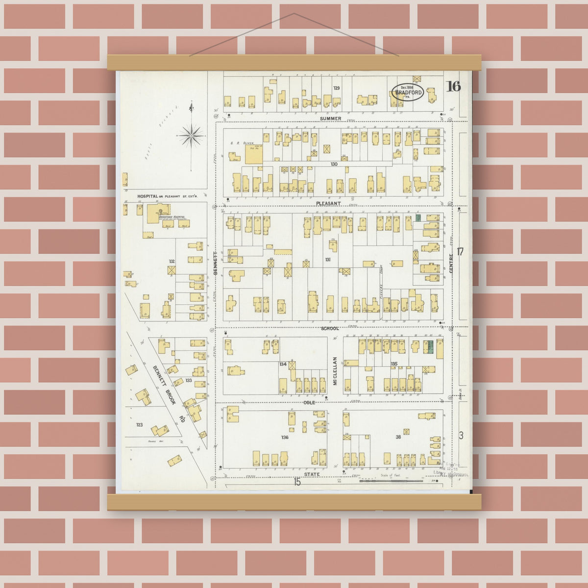 Old map wall art mockup — magnetic wood frame on brick wall — Sanborn Fire Insurance Map from Bradford, McKean County, Pennsylvania (1899), Sheet #0016