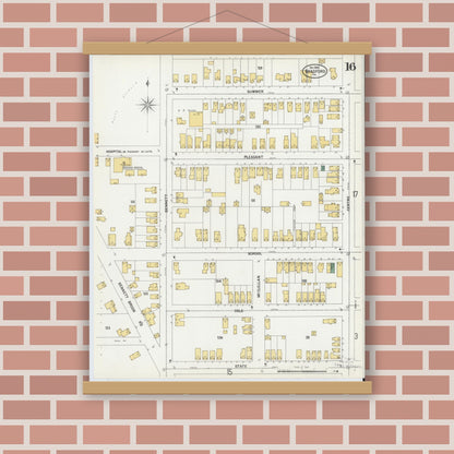 Old map wall art mockup — magnetic wood frame on brick wall — Sanborn Fire Insurance Map from Bradford, McKean County, Pennsylvania (1899), Sheet #0016
