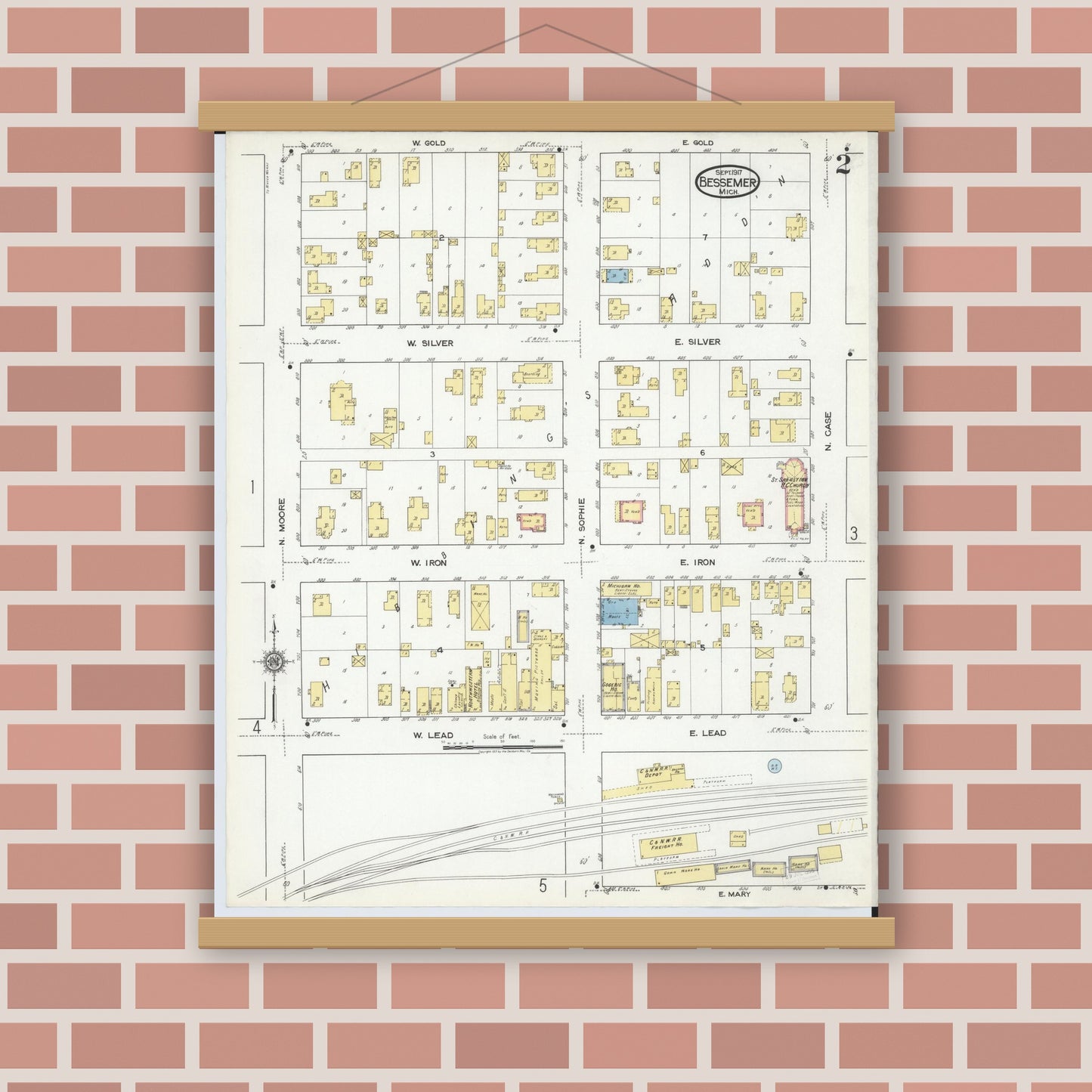 Old map wall art mockup — magnetic wood frame on brick wall — Sanborn Fire Insurance Map from Bessemer, Gogebic County, Michigan (1917), Sheet #0002