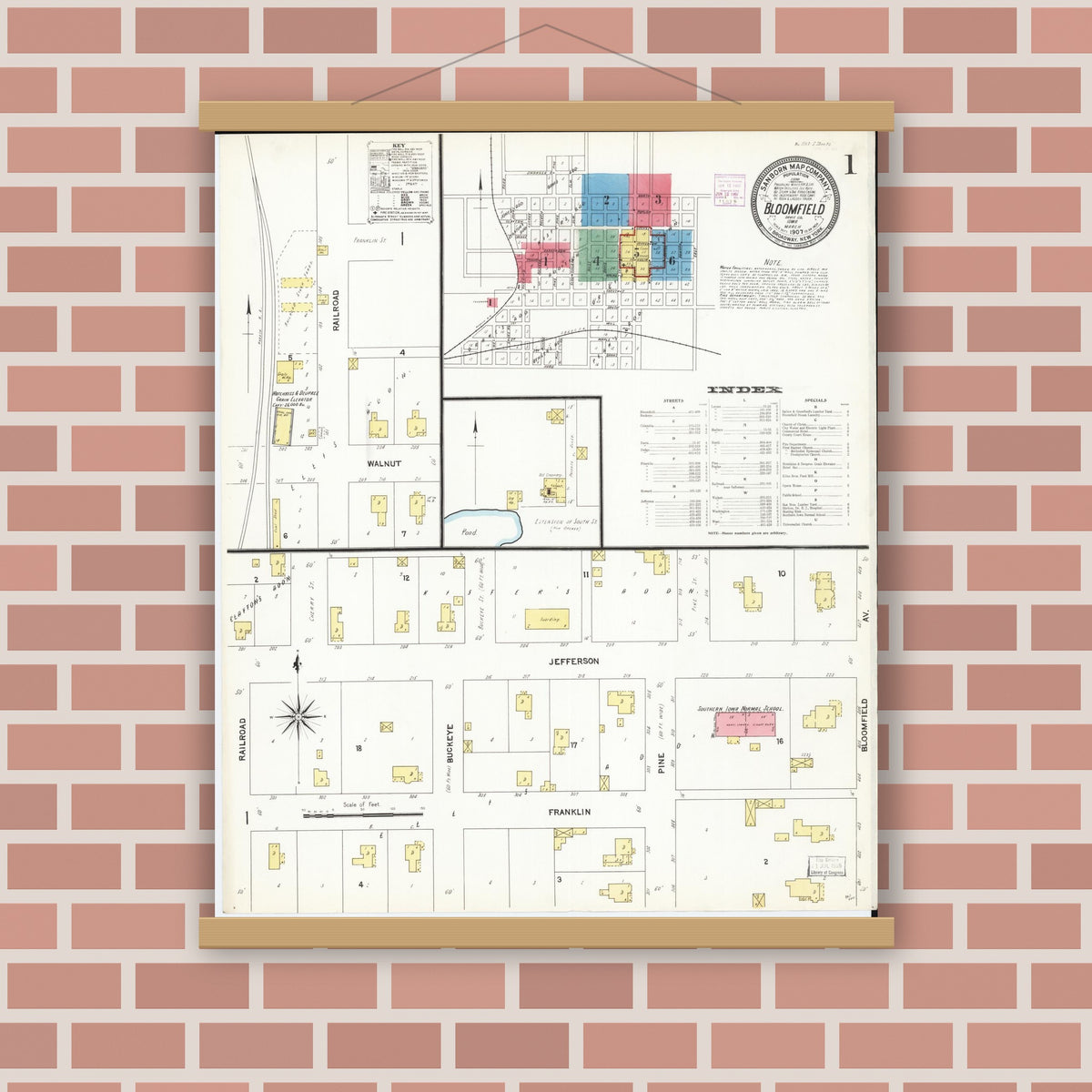 Old map wall art mockup — magnetic wood frame on brick wall — Sanborn Fire Insurance Map from Bloomfield, Davis County, Iowa (1907) â€” Complete Set