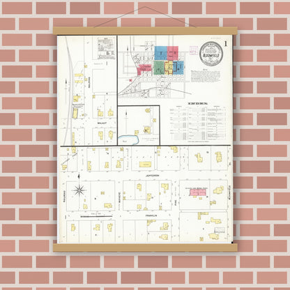 Old map wall art mockup — magnetic wood frame on brick wall — Sanborn Fire Insurance Map from Bloomfield, Davis County, Iowa (1907) â€” Complete Set