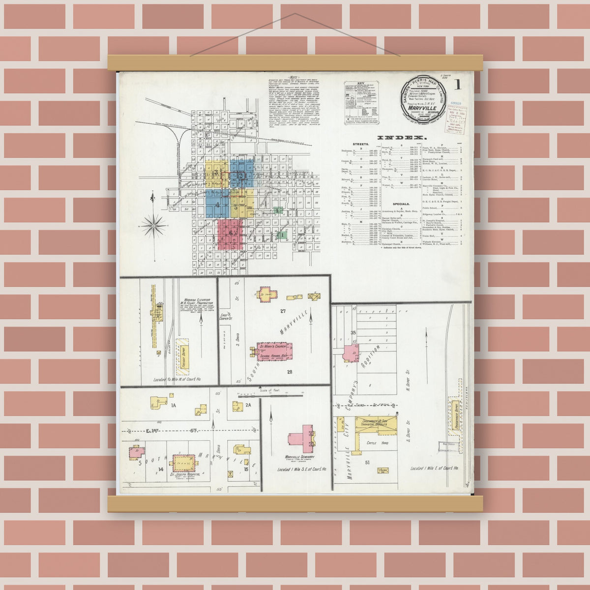 Old map wall art mockup — magnetic wood frame on brick wall — Sanborn Fire Insurance Map from Maryville, Nodaway County, Missouri (1900) - Complete Map Set