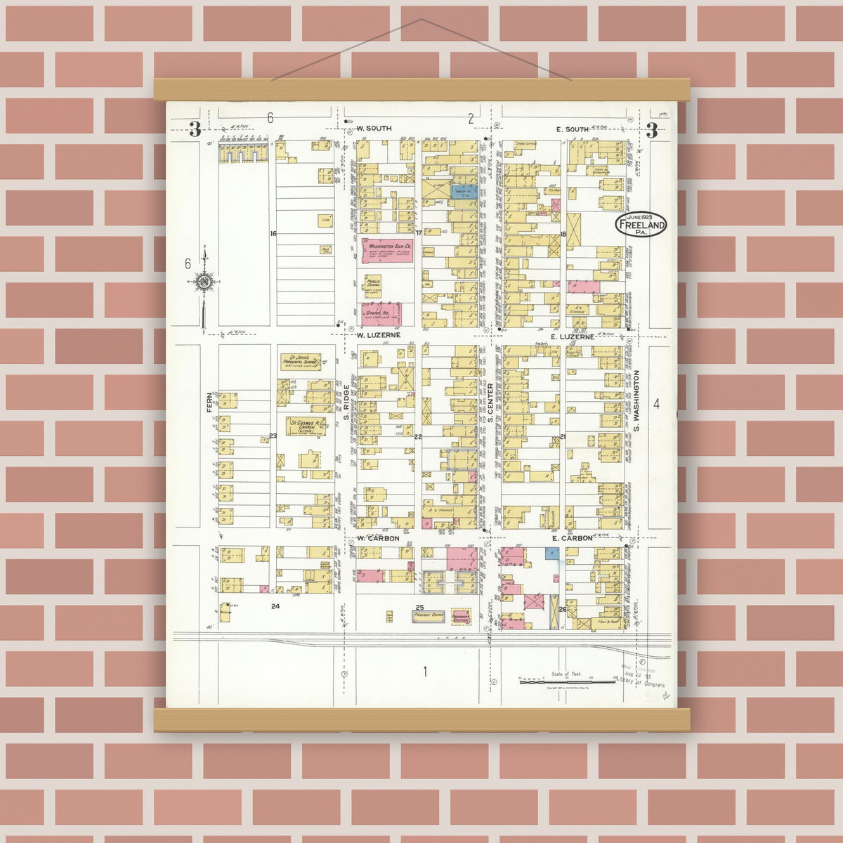 Old map wall art mockup — magnetic wood frame on brick wall — Sanborn Fire Insurance Map from Freeland, Luzerne County, Pennsylvania (1923), Sheet #0003