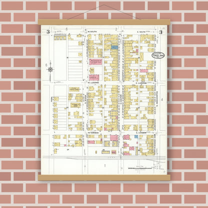 Old map wall art mockup — magnetic wood frame on brick wall — Sanborn Fire Insurance Map from Freeland, Luzerne County, Pennsylvania (1923), Sheet #0003