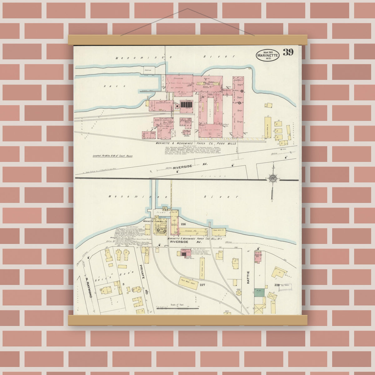 Old map wall art mockup — magnetic wood frame on brick wall — Sanborn Fire Insurance Map from Marinette, Marinette County, Wisconsin (1910), Sheet #0039