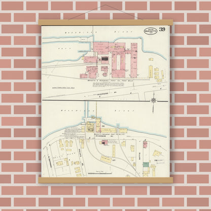 Old map wall art mockup — magnetic wood frame on brick wall — Sanborn Fire Insurance Map from Marinette, Marinette County, Wisconsin (1910), Sheet #0039