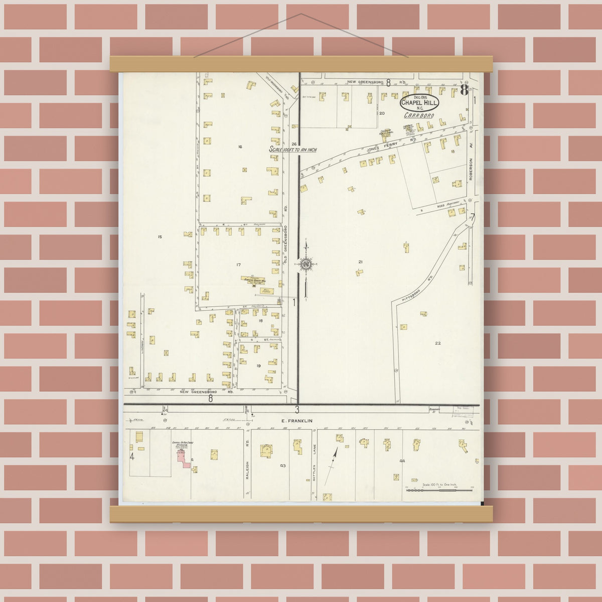 Old map wall art mockup — magnetic wood frame on brick wall — Sanborn Fire Insurance Map from Chapel Hill, Orange County, North Carolina (1915), Sheet #0008