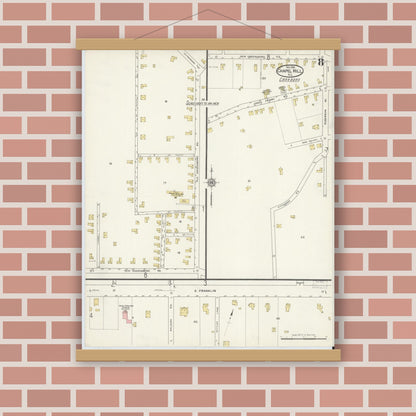 Old map wall art mockup — magnetic wood frame on brick wall — Sanborn Fire Insurance Map from Chapel Hill, Orange County, North Carolina (1915), Sheet #0008