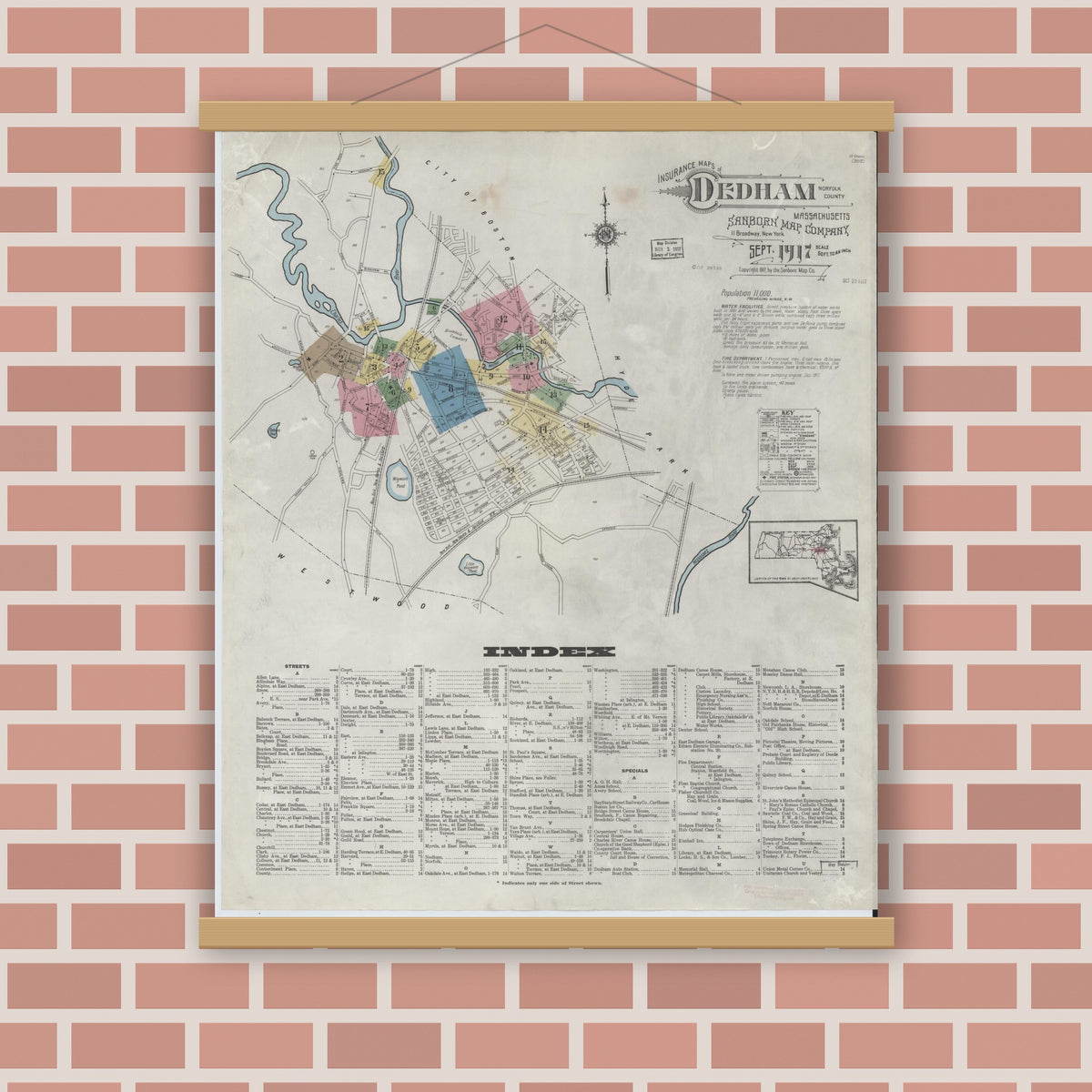 Old map wall art mockup — magnetic wood frame on brick wall — Sanborn Fire Insurance Map from Dedham, Norfolk County, Massachusetts (1917) - Complete Map Set