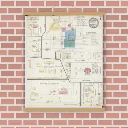 Old map wall art mockup — magnetic wood frame on brick wall — Sanborn Fire Insurance Map from Rushville, Schuyler County, Illinois (1893) - Complete Map Set