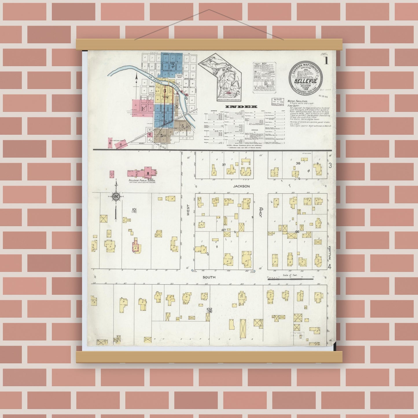 Old map wall art mockup — magnetic wood frame on brick wall — Sanborn Fire Insurance Map from Bellevue, Eaton County, Michigan (1916), Sheet #0001
