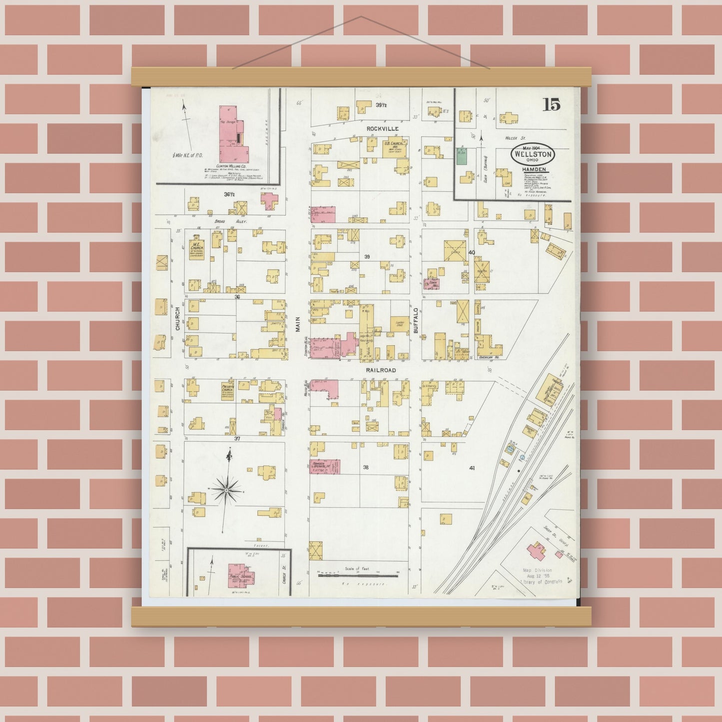 Old map wall art mockup — magnetic wood frame on brick wall — Sanborn Fire Insurance Map from Wellston, Jackson County, Ohio (1904), Sheet #0015