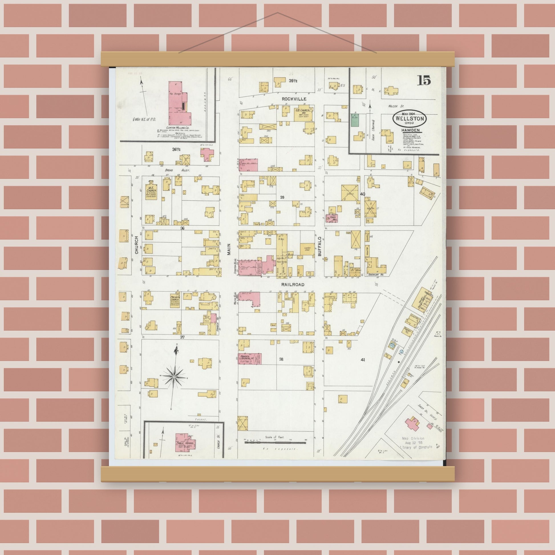 Old map wall art mockup — magnetic wood frame on brick wall — Sanborn Fire Insurance Map from Wellston, Jackson County, Ohio (1904), Sheet #0015