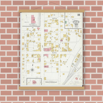 Old map wall art mockup — magnetic wood frame on brick wall — Sanborn Fire Insurance Map from Wellston, Jackson County, Ohio (1904), Sheet #0015