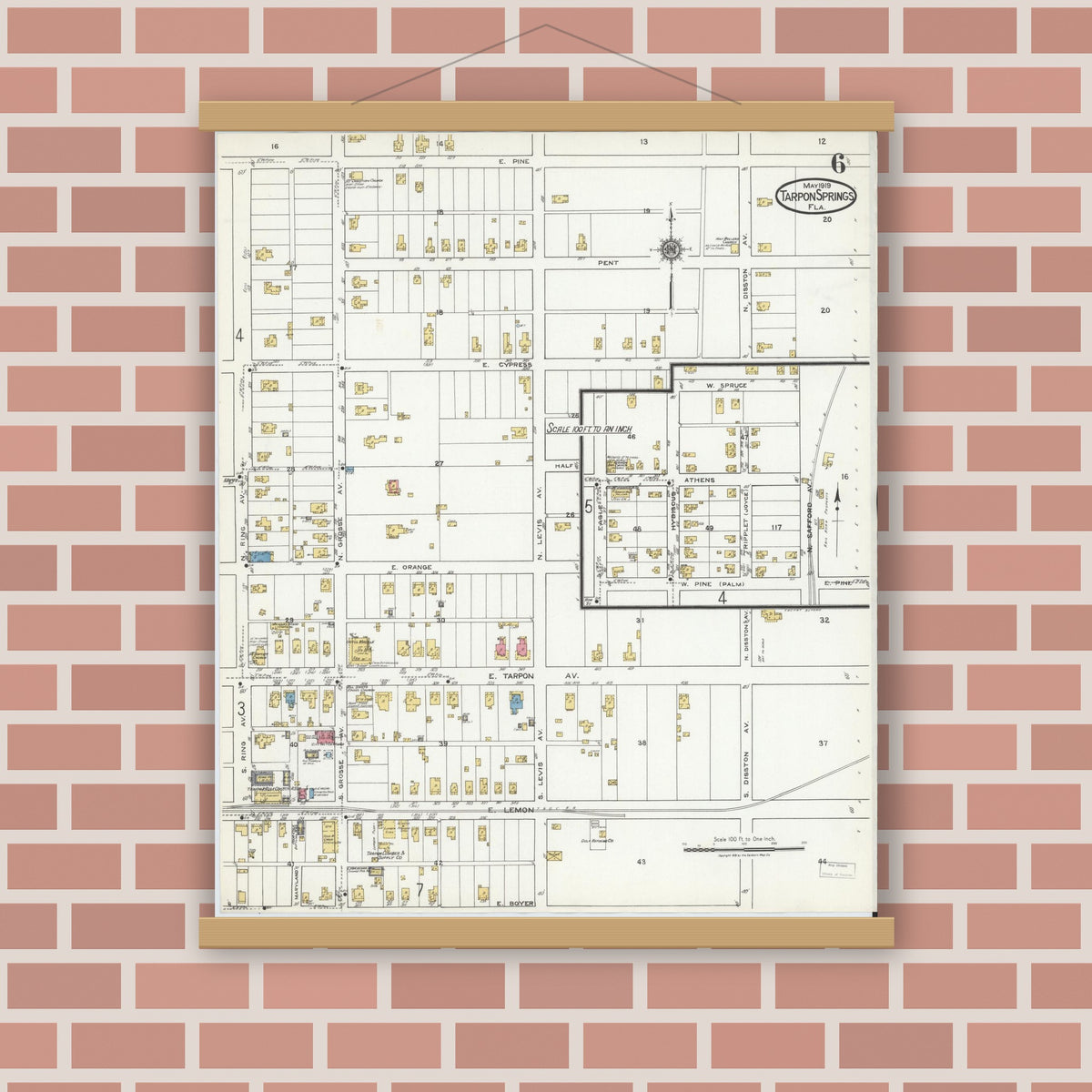 Old map wall art mockup — magnetic wood frame on brick wall — Sanborn Fire Insurance Map from Tarpon Springs, Pinellas County, Florida (1919), Sheet #0006