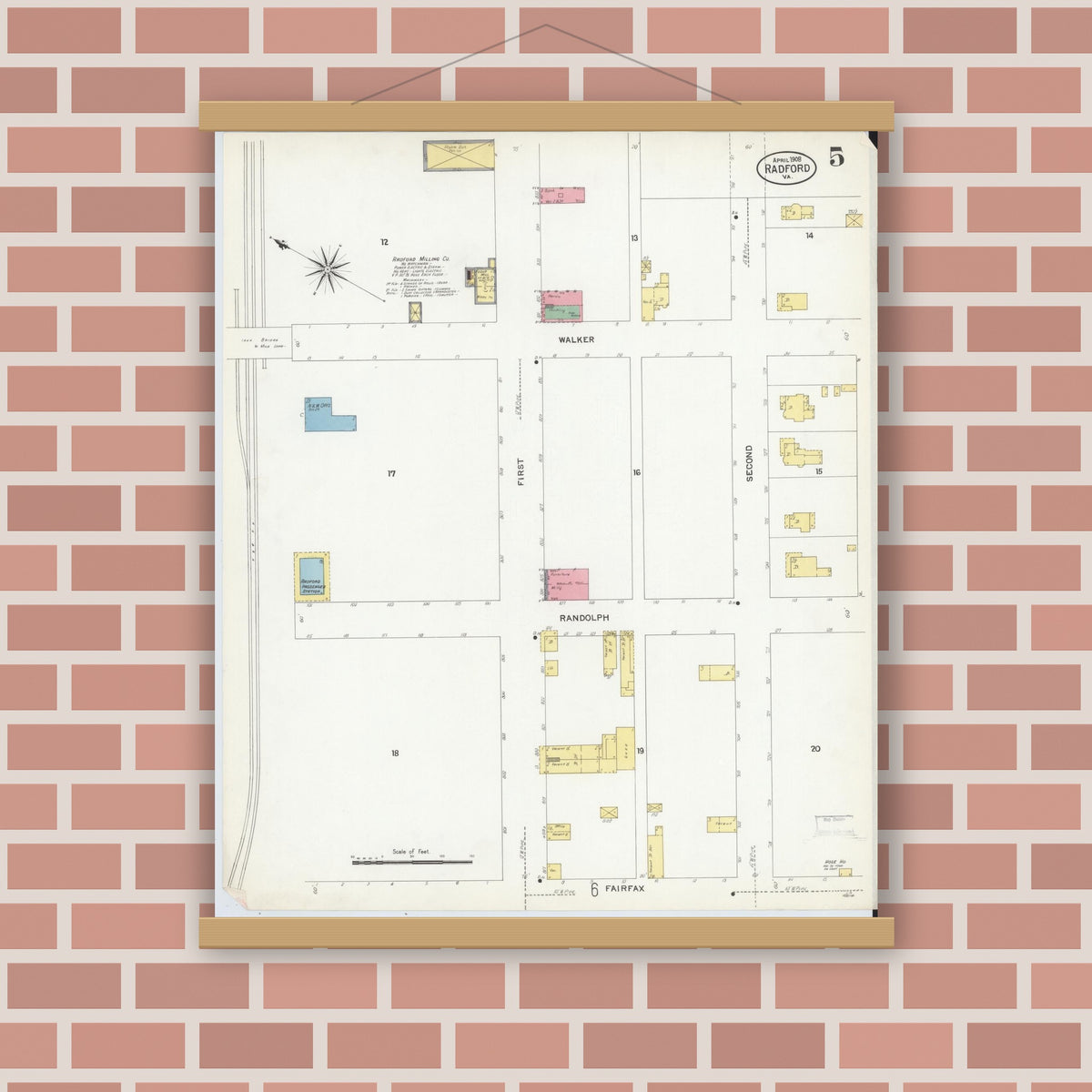 Old map wall art mockup — magnetic wood frame on brick wall — Sanborn Fire Insurance Map from Radford, Independent Cities, Virginia (1908), Sheet #0005