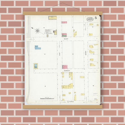 Old map wall art mockup — magnetic wood frame on brick wall — Sanborn Fire Insurance Map from Radford, Independent Cities, Virginia (1908), Sheet #0005